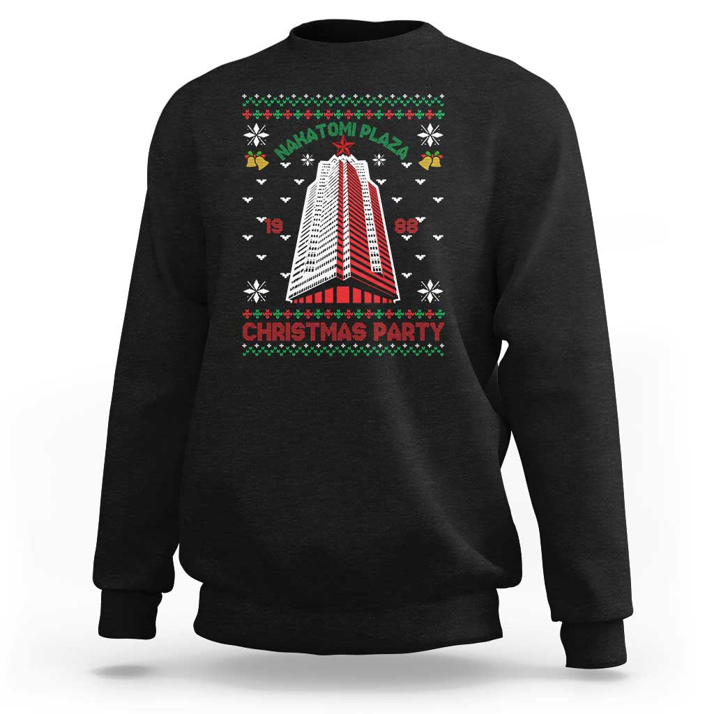 Black crewneck sweatshirt with festive rocket and “Christmas Party” graphic on front