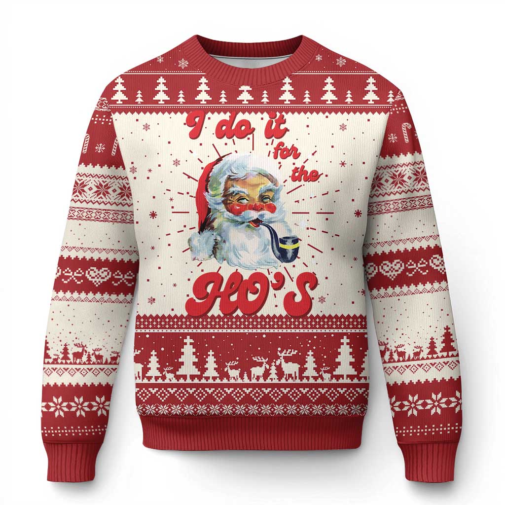 Red and cream ugly Christmas sweater with Santa face graphic and holiday knit pattern