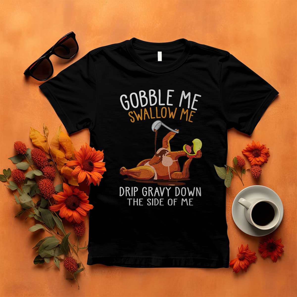 Thanksgiving turkey T-shirt in black, turkey graphic with Gobble Me and gravy text