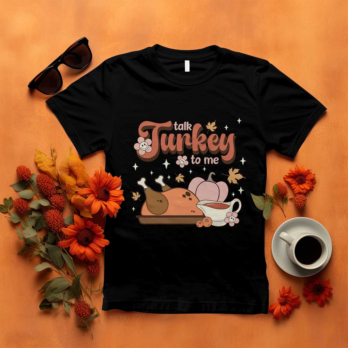 Black crewneck T-shirt with “Talk Turkey to Me” cartoon turkey graphic