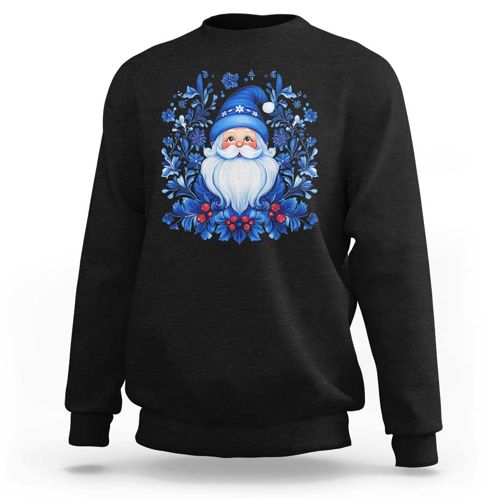 Black crewneck sweatshirt with blue floral Santa graphic on the front