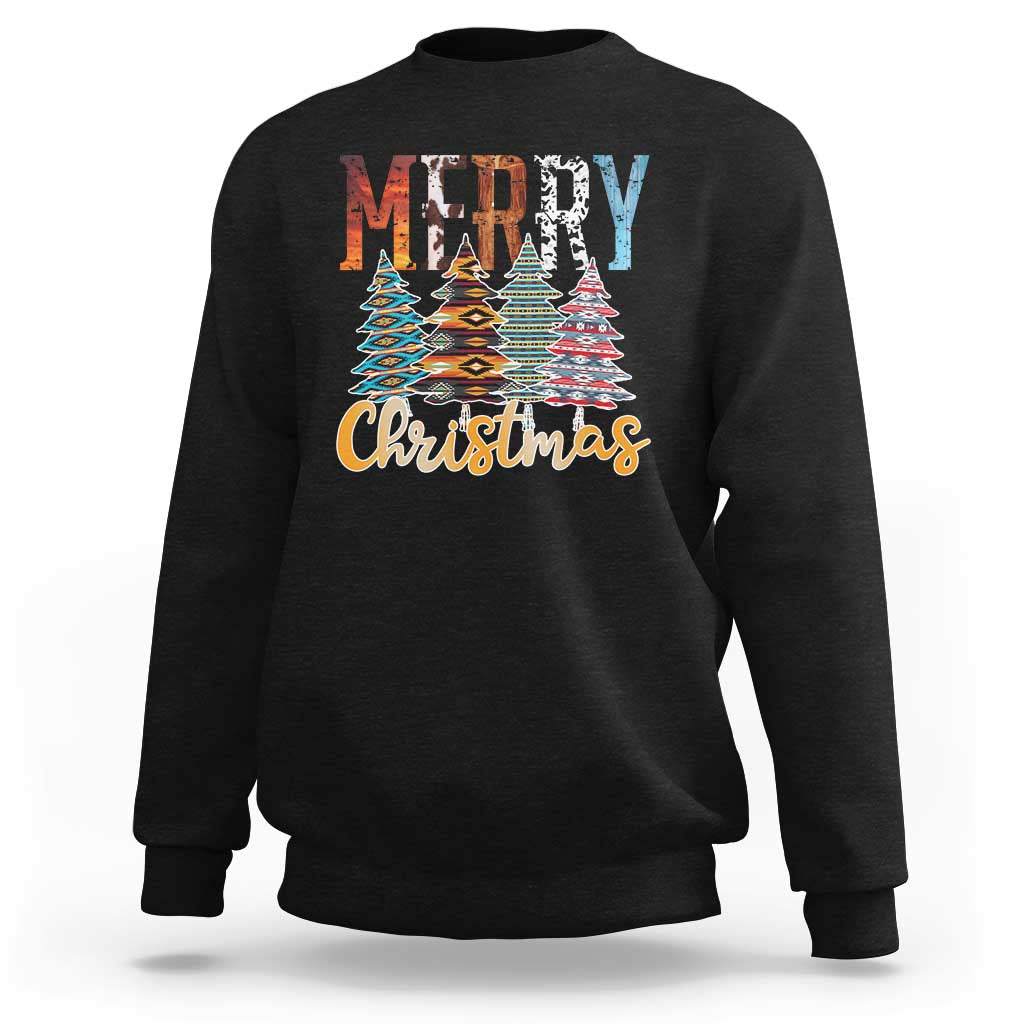 Black crewneck sweatshirt with 'Merry Christmas' and multicolor tree graphic.