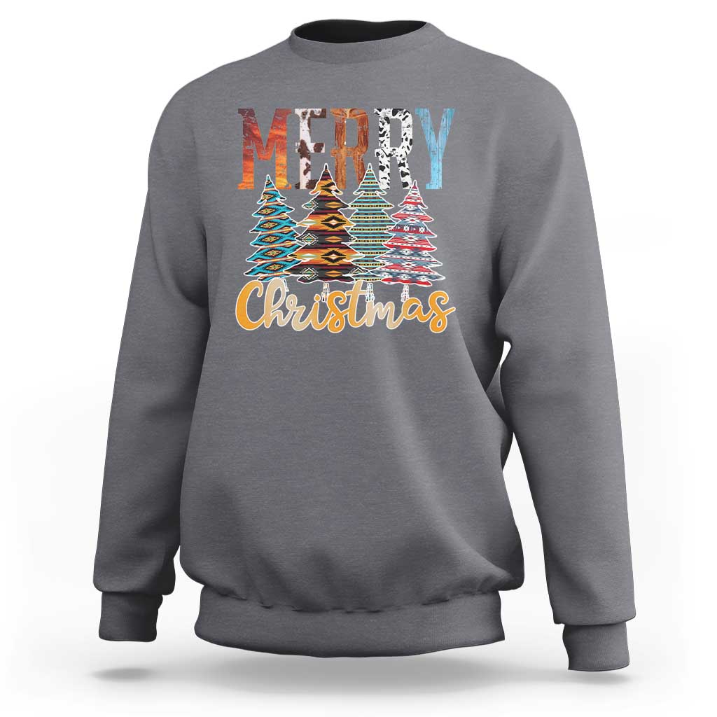 Charcoal crewneck sweatshirt with 'Merry Christmas' and multicolor tree graphic.