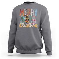 Charcoal crewneck sweatshirt with 'Merry Christmas' and multicolor tree graphic.
