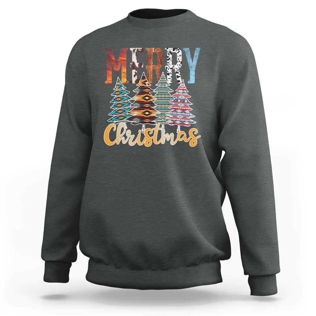 Dark heather crewneck sweatshirt with 'Merry Christmas' and multicolor tree graphic.