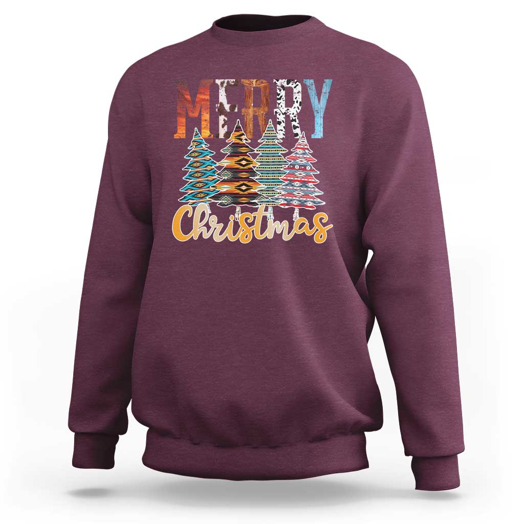 Maroon crewneck sweatshirt with 'Merry Christmas' and multicolor tree graphic.