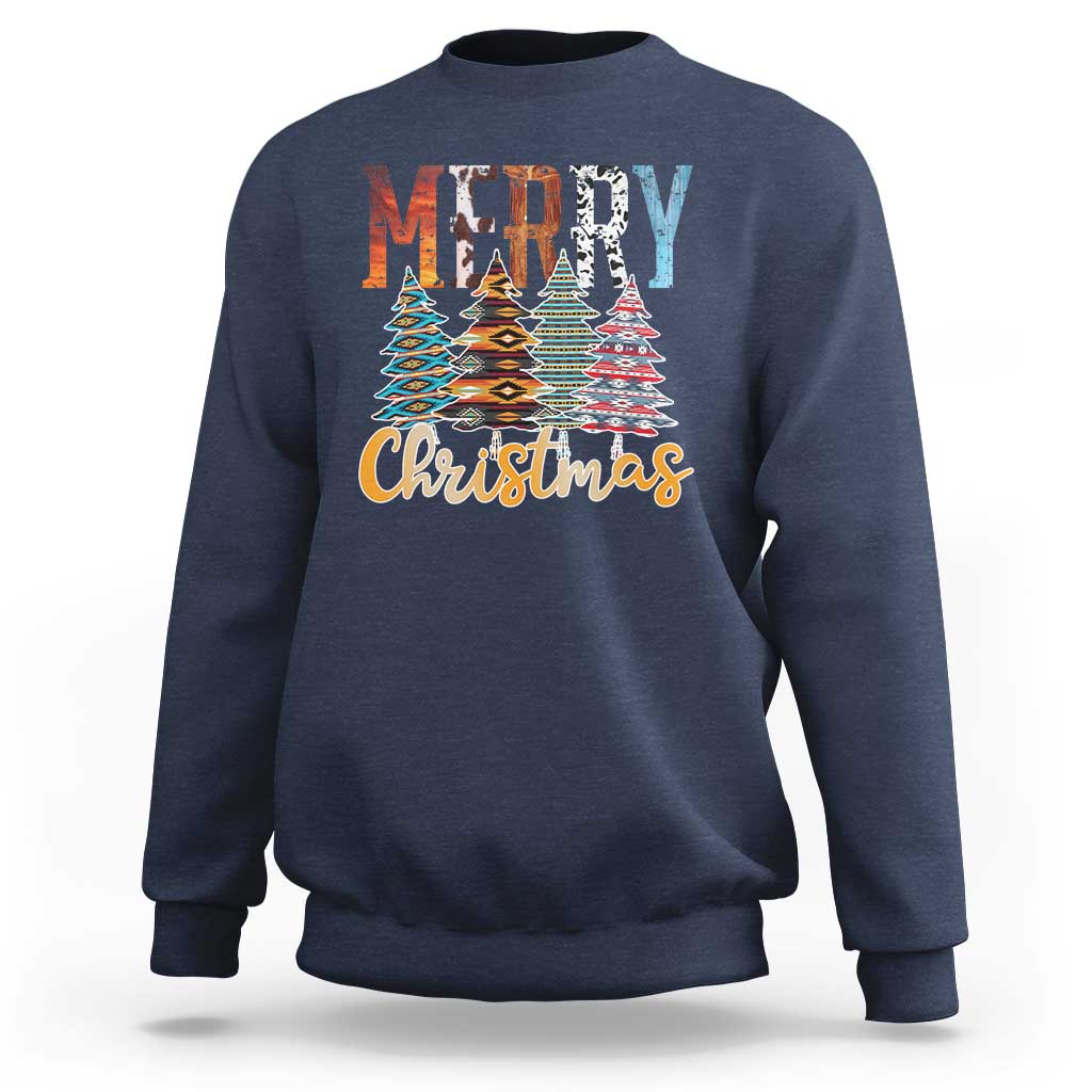Navy crewneck sweatshirt with 'Merry Christmas' and multicolor tree graphic.