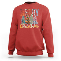 Red crewneck sweatshirt with 'Merry Christmas' and multicolor tree graphic.