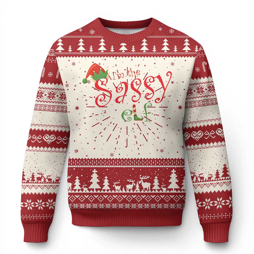 Red knit Christmas elf ugly sweater with 'Sassy' graphic and snowflake border