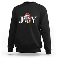 Black crewneck sweatshirt with “JOY” holiday graphic and Santa-style hat design