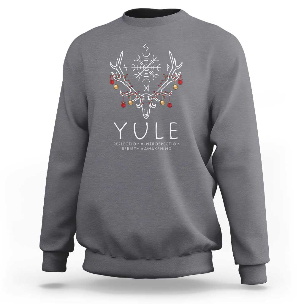 Charcoal gray sweatshirt with YULE stag antler symbol and colorful ornament graphic