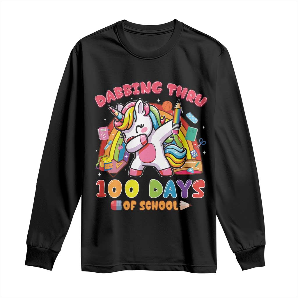 Black long-sleeve t-shirt with unicorn dabbing and “100 days of school” graphic