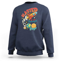 Navy crewneck sweatshirt with colorful space graphic on the back
