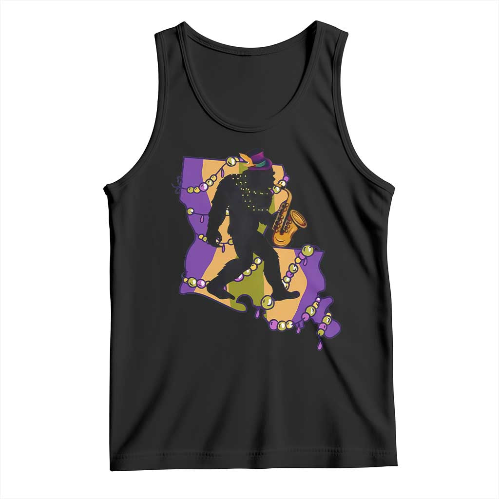 Funny Bigfoot Mardi Gras Louisiana Map Jazz Music Tank Top