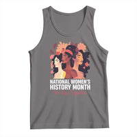 Dark heather women's tank top with front graphic and scoop neck, sleeveless