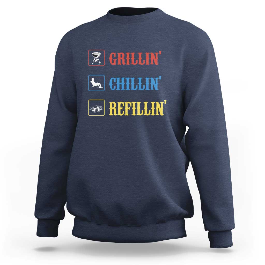 Navy sweatshirt with 'GRILLIN'', 'CHILLIN'', 'REFILLIN'' grill graphic