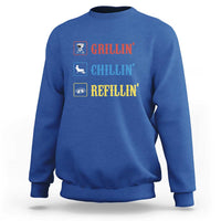 Royal blue sweatshirt with 'GRILLIN'', 'CHILLIN'', 'REFILLIN'' grill graphic