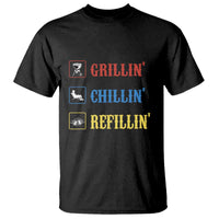 Black BBQ t-shirt with 'GRILLIN' 'CHILLIN' 'REFILLIN'' front print and grill icons