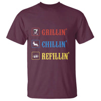 Maroon BBQ t-shirt with 'GRILLIN' 'CHILLIN' 'REFILLIN'' front print and grill icons