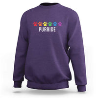Purple crewneck cat sweatshirt with rainbow paw print and “Purrride” graphic