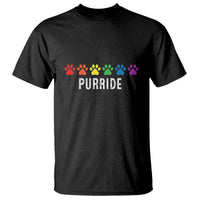 Black cat T-shirt with PURRIDE rainbow paw print logo at chest