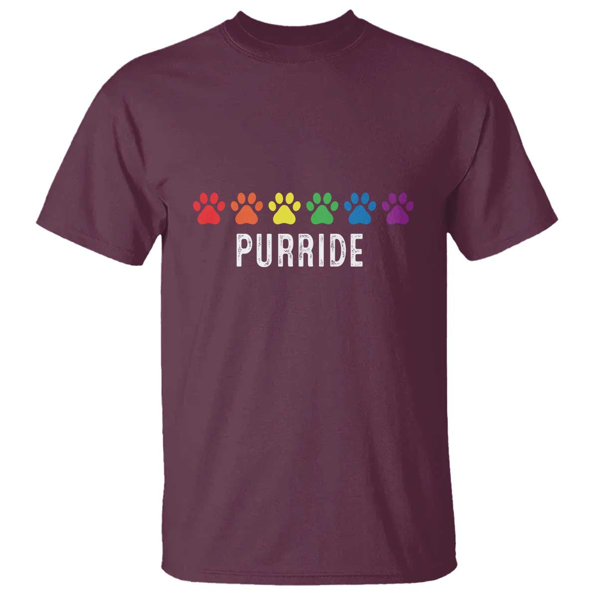 Maroon cat T-shirt with PURRIDE rainbow paw print logo at chest
