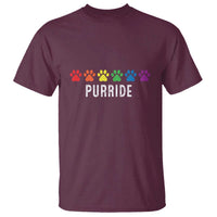 Maroon cat T-shirt with PURRIDE rainbow paw print logo at chest