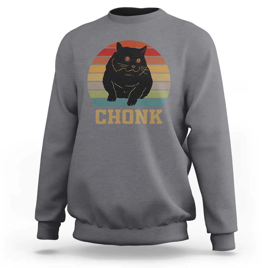 Dark heather gray crewneck sweatshirt with cat graphic and 'CHONK' text