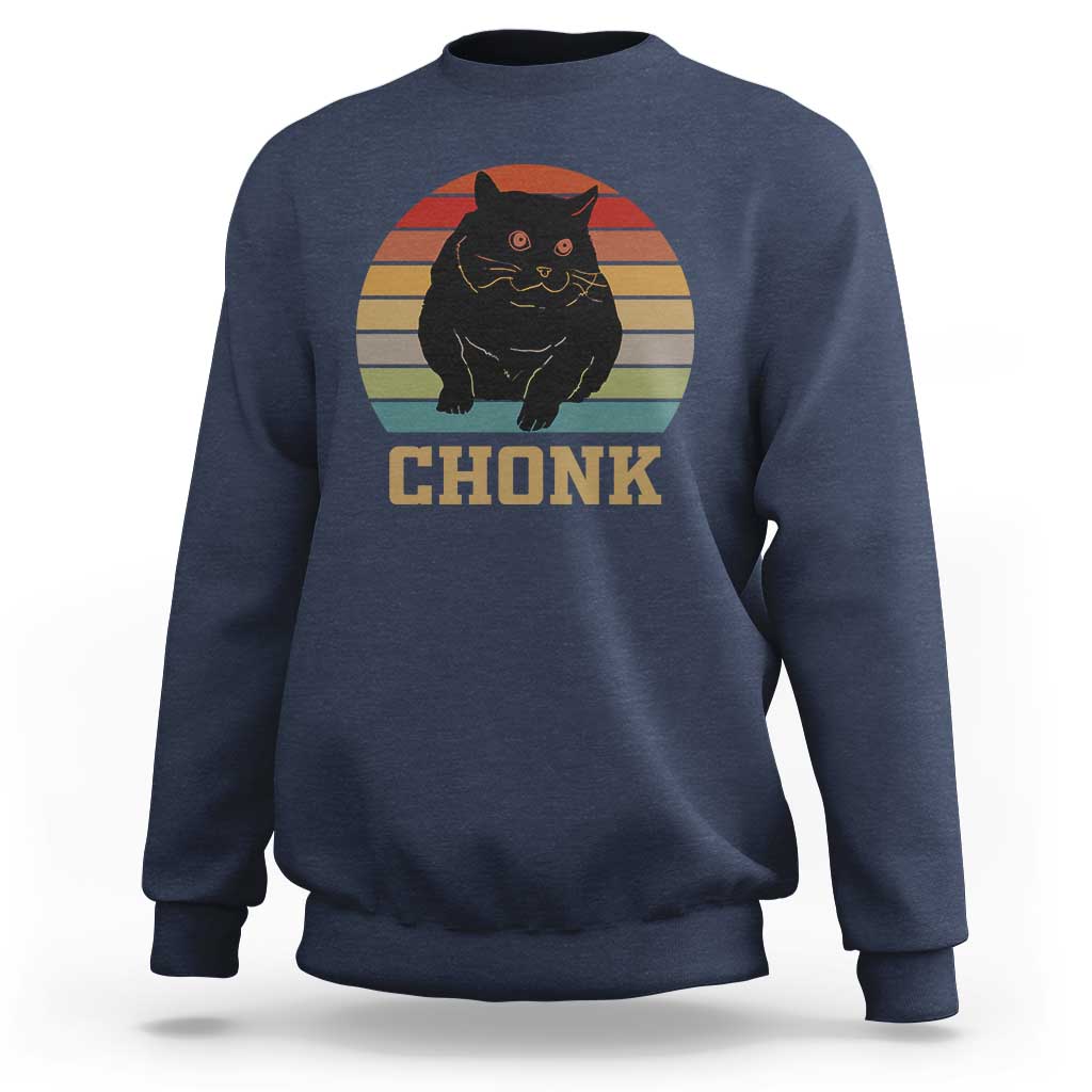 Navy crewneck sweatshirt with cat graphic and 'CHONK' text