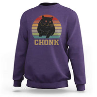 Purple crewneck sweatshirt with cat graphic and 'CHONK' text