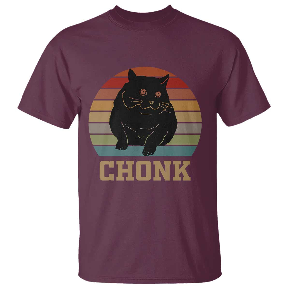 Maroon cat graphic T-shirt with 'CHONK' front print