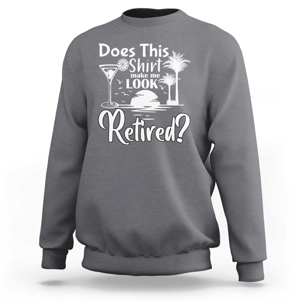 Dark heather crewneck sweatshirt with 'Retired?' graphic on chest