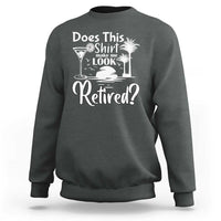 Charcoal crewneck sweatshirt with 'Retired?' graphic on chest