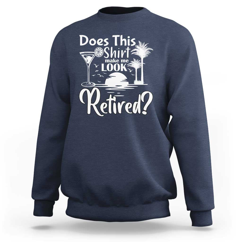 Navy crewneck sweatshirt with 'Retired?' graphic on chest