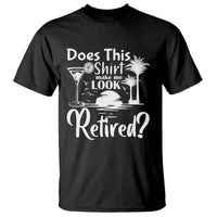 Funny retirement t-shirt, black with palm tree and "Retired?" graphic