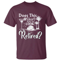 Funny retirement t-shirt, maroon with palm tree and "Retired?" graphic