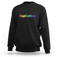 Black crewneck sweatshirt with 'Vagitarian' front graphic, long sleeves