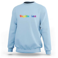 Light blue crewneck sweatshirt with 'Vagitarian' front graphic, long sleeves