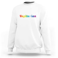 White crewneck sweatshirt with 'Vagitarian' front graphic, long sleeves