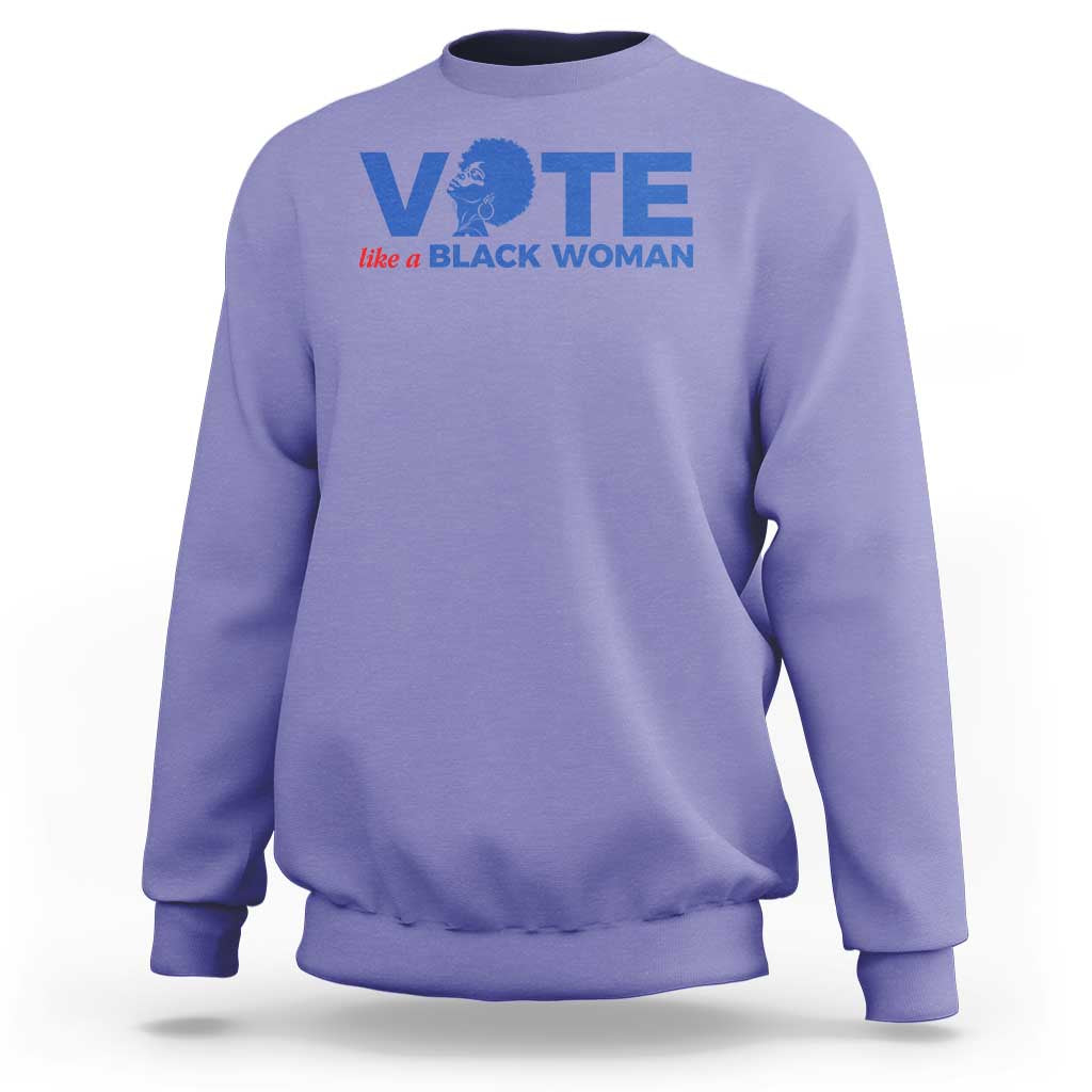 Violet sweatshirt with VOTE graphic and “like a BLACK WOMAN” text on chest