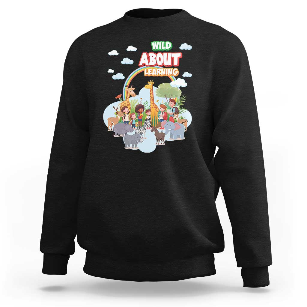 Black crewneck sweatshirt with colorful zoo animal graphic on front