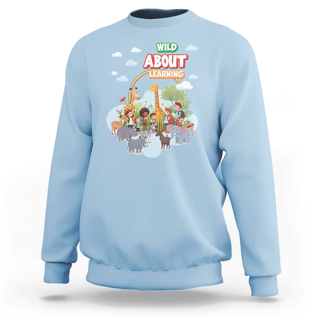 Light blue crewneck sweatshirt with colorful zoo animal graphic on front