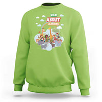 Lime green crewneck sweatshirt with colorful zoo animal graphic on front