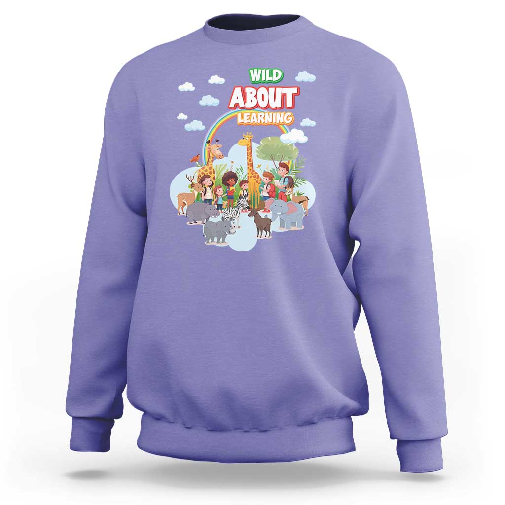 Violet crewneck sweatshirt with colorful zoo animal graphic on front