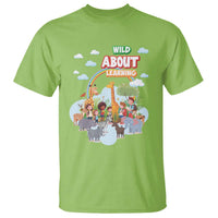 Green crewneck T-shirt with “Wild About Learning” jungle animal graphic