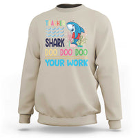 Sand crewneck sweatshirt with teacher shark 'Doo Doo Doo Your Work' graphic