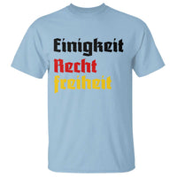 German heritage T-shirt, light blue with 'Einigkeit Recht Freiheit' slogan graphic, crew neck
