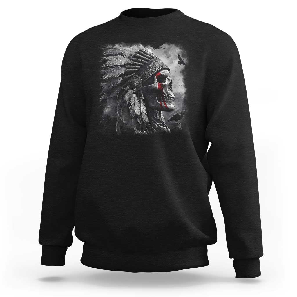 Black crewneck sweatshirt with front Native chief skull headdress graphic.