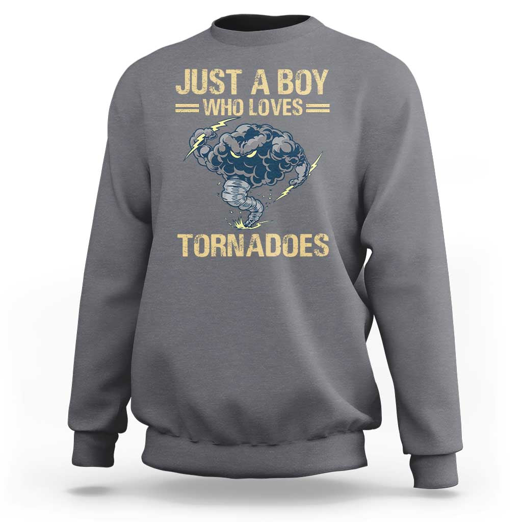 Heather gray boys sweatshirt with tornado graphic and 'JUST A BOY' 'TORNADOES' print
