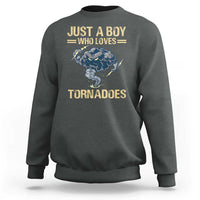 Charcoal gray boys sweatshirt with tornado graphic and 'JUST A BOY' 'TORNADOES' print